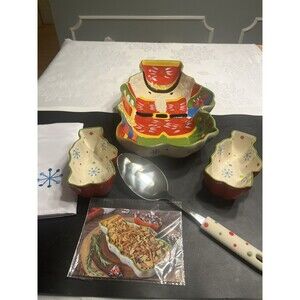 5pc Temptations Christmas Whimsy Toy Soldier 2qt dish 8oz ramekins spoon cloth